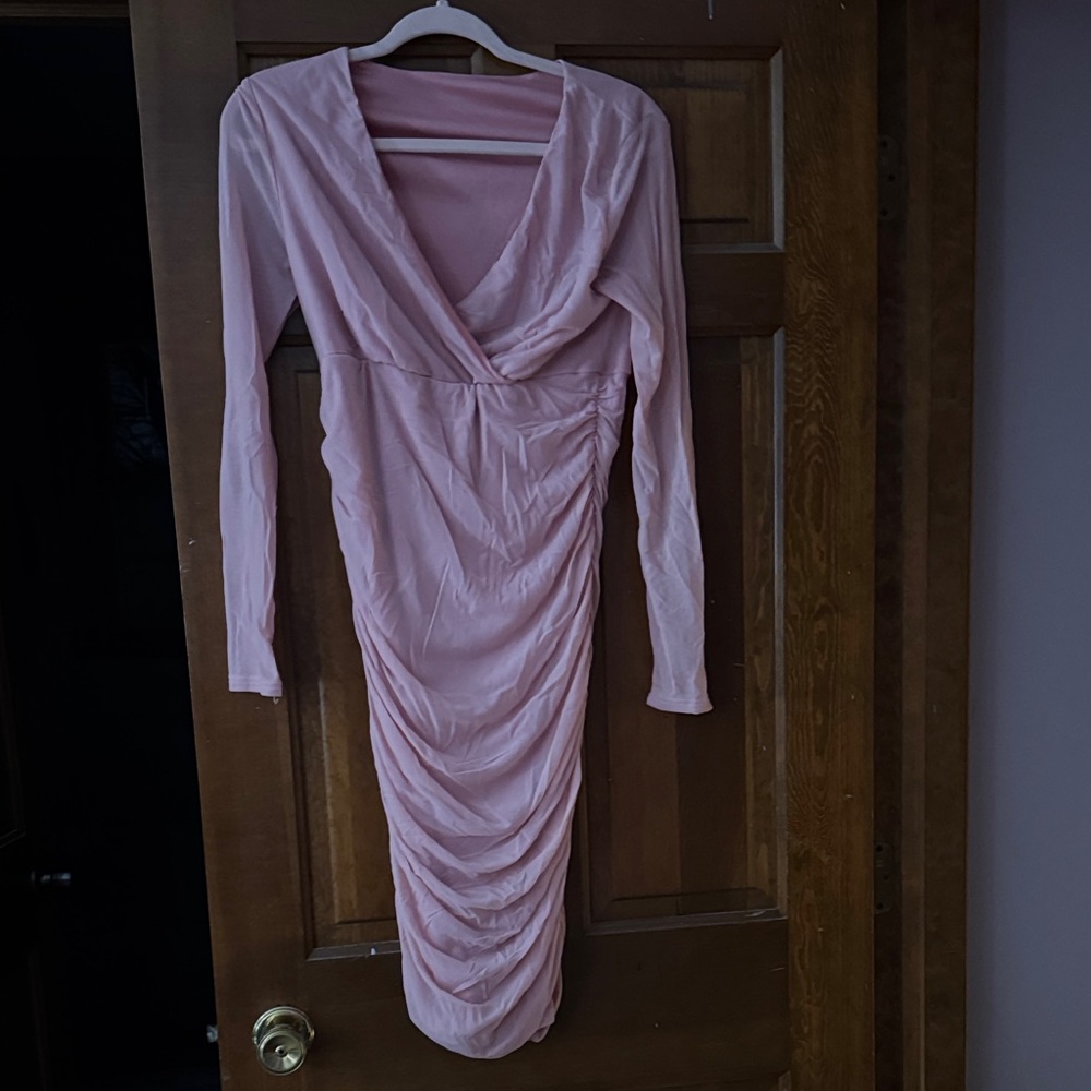 Elegant Pink Long Sleeve Sheer Sleeve Dress